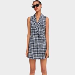 ZARA Women's Boucle Tweed Double Breasted Vest Mini Dress Navy Size S